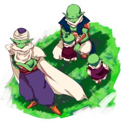 Rule 34 | 4boys, alien, antennae, bad id, bad pixiv id, bald, cape, cargo (dragon ball), crossed arms, dende, dragon ball, dragonball z, grass, hand on another&#039;s head, male focus, mitsui hisashi (artist), multiple boys, neil, pants, piccolo, pointy ears, purple pants, squatting, standing, sweatdrop, turban