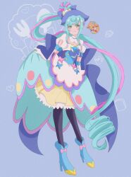 Rule 34 | 1girl, ankle bow, ankle ribbon, back bow, blue bow, blue hair, blue pantyhose, boots, bow, brooch, bun cover, cure spicy, delicious party precure, dress, earrings, full body, gloves, green eyes, hair bow, hair bun, hair ornament, heart, heart brooch, highres, huge bow, jewelry, long hair, looking at viewer, magical girl, medium dress, noacure f, pam-pam (precure), pantyhose, precure, purple bow, ribbon, side ponytail, smile, triple bun, very long hair, white gloves, white stripes, wide ponytail