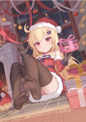 1girl absurdres artist_request black_gloves black_thighhighs blonde_hair blush box breasts christmas christmas_present closed_mouth commentary detached_sleeves dress feet foot_focus full_body fur-trimmed_dress fur_trim gift gift_box gloves hair_between_eyes hair_ornament hat highres little_witch_nobeta long_hair looking_at_viewer no_shoes nobeta official_art red_dress red_eyes red_sleeves santa_dress santa_hat sitting small_breasts smile solo textless_version thighhighs very_long_hair x_hair_ornament zettai_ryouiki