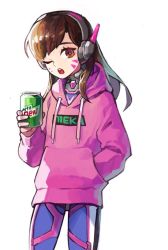 Rule 34 | 1girl, acronym, animal print, bodysuit, brown eyes, brown hair, can, chewing gum, cowboy shot, d.va (overwatch), facepaint, facial mark, hand in pocket, hand up, headphones, hetchi, highres, holding, holding can, hood, hood down, hooded sweater, hoodie, long hair, looking at viewer, matching hair/eyes, mountain dew, one eye closed, open mouth, overwatch, overwatch 1, pilot suit, product placement, rabbit print, ribbed bodysuit, simple background, solo, sweater, teeth, whisker markings, white background
