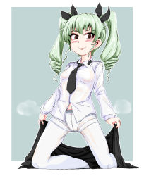 Rule 34 | 10s, 1girl, anchovy (girls und panzer), anzio school uniform, black necktie, black ribbon, bow, bow panties, cape, closed mouth, unworn clothes, crotch seam, dress shirt, drill hair, earrings, full body, girls und panzer, green hair, hair ribbon, highres, jewelry, kneeling, long hair, long sleeves, looking at viewer, necktie, no pants, panties, panties under pantyhose, pantyhose, red eyes, ribbon, school uniform, shirt, smile, solo, thighband pantyhose, twin drills, twintails, underwear, white pantyhose, white shirt, yellowseeds