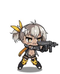 Rule 34 | 1girl, :&gt;, ^ ^, animated, animated gif, bandana, black legwear, chibi, closed eyes, closed mouth, crossed bangs, dual wielding, full body, girls&#039; frontline, grey hair, gun, holding, holding gun, holding weapon, jacket, jumping, klin (girls&#039; frontline), laughing, lowres, machine pistol, official art, open clothes, open jacket, simple background, solo, tsurime, weapon, white background, yellow eyes