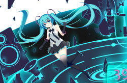 Rule 34 | 1girl, absurdres, black bow, black gloves, black thighhighs, blue eyes, blue hair, blush, bow, chestnut mouth, elbow gloves, gloves, hatsune miku, highres, jyt, long hair, looking at viewer, megaphone, open mouth, solo, subwoofer, thighhighs, twintails, vocaloid
