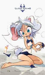Rule 34 | 1girl, amiami, animal ears, barefoot, bikini, dated, feet, female focus, fire, highres, looking down, messy hair, navel, one-piece swimsuit, open mouth, original, silver hair, sitting, solo, swimsuit, tail, tan, tanline, torn clothes