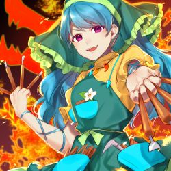Rule 34 | 1girl, apron, blue hair, brush, dress, fire, flower, green apron, green headwear, green scarf, hands up, haniyasushin keiki, highres, jill 07km, long hair, looking at viewer, open mouth, pink eyes, scarf, short sleeves, smile, solo, touhou, white flower, wily beast and weakest creature, yellow dress, yellow sleeves