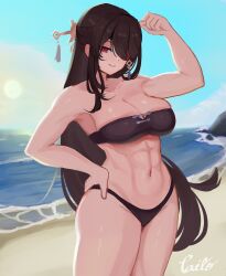 Rule 34 | 1girl, absurdres, arm up, bandeau, beach, beidou (genshin impact), bikini, black bikini, black hair, breasts, cleavage, commentary, commission, cowboy shot, eyepatch, genshin impact, grin, hair ornament, hair stick, highres, large breasts, long hair, looking at viewer, navel, outdoors, red eyes, smile, solo, standing, stomach, strapless, strapless bikini, swimsuit, taiko bo, thighs, tube top, very long hair