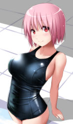 Rule 34 | 1girl, bare arms, bare shoulders, black one-piece swimsuit, blush, breasts, collarbone, commentary request, cowboy shot, hair between eyes, highres, large breasts, looking at viewer, no headwear, nori tamago, nose blush, one-piece swimsuit, pink hair, red eyes, saigyouji yuyuko, short hair, smile, solo, standing, swimsuit, touhou, wading, water