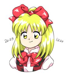 Rule 34 | 1girl, 2023, blonde hair, bow, bowtie, closed mouth, dated, gengetsu (touhou), hair bow, looking at viewer, medium hair, nonamejd, official style, red bow, red bowtie, simple background, smile, solo, touhou, touhou (pc-98), upper body, white background, yellow eyes, zun (style)