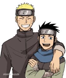 Rule 34 | 2boys, black hair, blonde hair, blue eyes, commentary request, crossed arms, facial mark, forehead protector, konoha kuzushi, looking at viewer, male focus, multiple boys, naruto (series), naruto shippuuden, open mouth, sarutobi konohamaru, short hair, simple background, smile, spiked hair, uzumaki naruto, whisker markings, white background