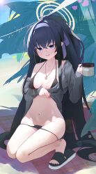 Rule 34 | 1girl, absurdres, arm under breasts, beach, bikini, black bikini, black hair, blue archive, blue eyes, blush, breasts, chenmovicio, commentary request, cup, day, glasses, grey jacket, hairband, halo, hand up, highres, holding, holding cup, jacket, jewelry, lens flare, long hair, long sleeves, medium breasts, navel, necklace, ocean, off shoulder, official alternate costume, open clothes, open jacket, open mouth, outdoors, palm tree, ponytail, purple hairband, round eyewear, sandals, solo, squatting, sweat, swimsuit, tree, ui (blue archive), ui (swimsuit) (blue archive), very long hair, yellow halo