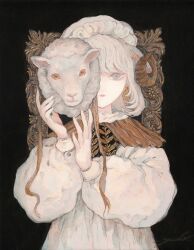 Rule 34 | 1girl, animal ears, black background, closed mouth, dress, expressionless, gold trim, grey eyes, hat, highres, holding, holding mask, horns, long fingers, long sleeves, looking at viewer, mask, mob cap, one eye covered, original, picture frame, puffy long sleeves, puffy sleeves, sheep ears, sheep horns, sheep mask, short hair, signature, solo, straight-on, upper body, white dress, white hair, white hat, yuko (foret noire)