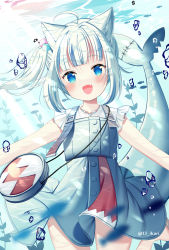 Rule 34 | 1girl, :d, ahoge, animal, animal ear fluff, animal ears, bag, blue dress, blue eyes, blue hair, blush, brown footwear, cat ears, commentary request, day, dress, fang, fins, fish, fish tail, gawr gura, gawr gura (casual), highres, hololive, hololive english, ikari (aor3507), looking at viewer, multicolored hair, open mouth, outdoors, sandals, shark tail, shirt, shoulder bag, side ponytail, sleeveless, sleeveless dress, smile, solo, streaked hair, tail, tail raised, twitter username, underwater, virtual youtuber, water, white hair, white shirt