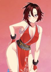 Rule 34 | 1girl, absurdres, bare shoulders, blush, breasts, cleavage, collarbone, cosplay, crossover, emiri (pixiv), frown, hand on own hip, highres, large breasts, looking at viewer, obi, pelvic curtain, red hair, rope, ruby rose, rwby, sash, shimenawa, shiranui mai, short hair, grey eyes, sleeveless, solo, thighs