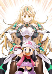 Rule 34 | 2girls, bare shoulders, black legwear, blonde hair, breasts, chest jewel, chibi, creatures (company), crossover, dawn (pokemon), dress, earrings, elbow gloves, game freak, gloves, hand on own hip, highres, jewelry, large breasts, long hair, miniskirt, multiple girls, mythra (massive melee) (xenoblade), mythra (xenoblade), name connection, nintendo, pantyhose, poke ball, pokemon, pokemon bdsp, pokemon dppt, robojanai, scarf, short dress, skirt, super smash bros., swept bangs, thigh strap, tiara, very long hair, white dress, white gloves, xenoblade chronicles (series), xenoblade chronicles 2, yellow eyes