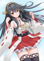 Rule 34 | 1girl, arms up, bare shoulders, black footwear, black hair, blue background, boots, breasts, cherry blossoms, cowboy shot, detached sleeves, frills, hair between eyes, hair ornament, hairband, hairclip, haruna (kancolle), headgear, highres, japanese clothes, kantai collection, lips, long hair, medium breasts, nontraditional miko, petals, red skirt, ribbon-trimmed sleeves, ribbon trim, sarashi, skirt, solo, t2r, thigh boots, thighhighs, wide sleeves, yellow eyes