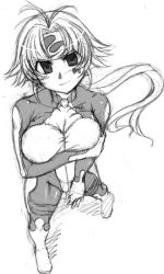 Rule 34 | 1girl, aria advance, arms under breasts, breasts, greyscale, large breasts, monochrome, non-web source, pilot suit, ponytail, sangekimaru, smile, super robot wars, super robot wars w