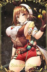 Rule 34 | 1girl, artist name, atelier (series), atelier ryza, atelier ryza 3, belt, beret, braid, breast pocket, breasts, brown belt, brown eyes, brown gloves, brown hair, brown thighhighs, brown vest, character name, choker, clover hair ornament, collared shirt, crown braid, dangle earrings, earrings, gloves, hair ornament, hat, highres, jewelry, karikun77, large breasts, leather, leather gloves, multiple bracelets, multiple necklaces, necklace, pocket, red shorts, reisalin stout, shirt, short hair, short shorts, shorts, single earring, single glove, sleeveless, sleeveless shirt, smile, solo, star (symbol), star choker, star earrings, star necklace, thighhighs, thighs, vest, white hat, x hair ornament