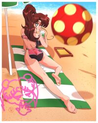 Rule 34 | 1girl, ass, ball, beach, beachball, bishoujo senshi sailor moon, breasts, brown hair, cup, drinking, drinking glass, fritz willie, green eyes, highres, kino makoto, large breasts, long hair, lying, ocean, on stomach, one-piece swimsuit, parasol, ponytail, sand, swimsuit, towel, tsukino usagi, umbrella, water