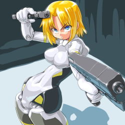Rule 34 | 10s, 1girl, aiming, aiming at viewer, arnval, bad id, bad pixiv id, blonde hair, blue eyes, busou shinki, dd (ijigendd), doll joints, gun, holding, holding gun, holding weapon, joints, mecha musume, short hair, simple background, solo, weapon