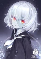 Rule 34 | 10s, 1girl, artist name, black sailor collar, black shirt, capriccio, commentary request, hair between eyes, head tilt, konno junko, looking at viewer, neckerchief, parted lips, red eyes, sailor collar, school uniform, serafuku, shirt, silver hair, solo, stitched face, stitches, upper body, white neckerchief, zombie, zombie land saga