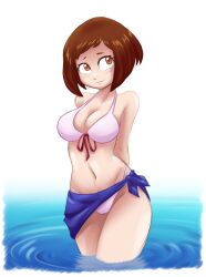 1girl ambris_art bikini blue_sarong blush boku_no_hero_academia breasts brown_eyes brown_hair commentary english_commentary highres medium_breasts navel pink_bikini red_ribbon ribbon ripples sarong simple_background smile swimsuit thighs uraraka_ochako wading water white_background