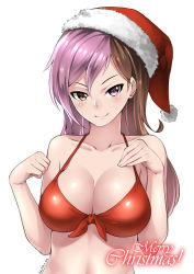 Rule 34 | 2016, absurdres, artist name, bad id, bad pixiv id, bare arms, bare shoulders, bikini, blush, breasts, brown hair, christmas, cleavage, closed mouth, collarbone, dated, front-tie top, fur trim, hair between eyes, hat, heterochromia, highres, large breasts, long hair, looking at viewer, lulu-chan92, merry christmas, multicolored hair, neo politan, pink hair, red bikini, rwby, santa hat, simple background, solo, split-color hair, stomach, swimsuit, two-tone hair, upper body, white background