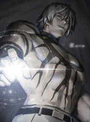 Rule 34 | 1boy, abs, belt, grey eyes, highres, looking at viewer, male focus, muscular, navel, orochi (kof), pale color, pants, short hair, snk, solo, tattoo, the king of fighters, topless male, white hair, white pants, xiaoguimist