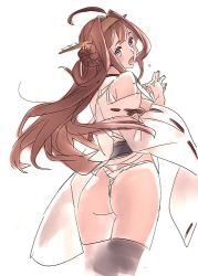 Rule 34 | 10s, 1girl, ass, bare shoulders, brown hair, cowboy shot, female focus, floating hair, fundoshi, japanese clothes, kantai collection, kongou (kancolle), long hair, looking back, nishieda, nontraditional miko, open mouth, own hands together, simple background, solo, thighhighs, white background