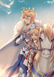 Rule 34 | 2girls, absurdres, aged down, ahoge, armor, artoria pendragon (all), artoria pendragon (fate), artoria pendragon (lancer) (fate), blonde hair, braid, breastplate, cape, crown, dun stallion (fate), fate/apocrypha, fate/grand order, fate (series), french braid, fur collar, fur trim, gauntlets, greaves, green eyes, hair between eyes, hair bun, highres, holding, holding reins, horse, horseback riding, mordred (fate), mordred (fate/apocrypha), mother and daughter, multiple girls, outdoors, pauldrons, reins, riding, saber (fate), shoulder armor, sidelocks, single hair bun, sky, white cape, yorukun