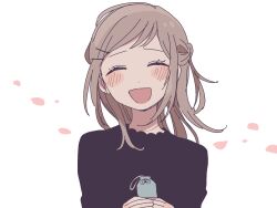 Rule 34 | 1girl, blush, brown hair, closed eyes, hair ornament, hairclip, highres, holding, long hair, maco22, open mouth, original, petals, smile, solo, upper body
