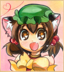 Rule 34 | 1girl, :d, alternate hairstyle, animal ears, bad id, bad pixiv id, blush, border, brown hair, cat ears, cat girl, chen, colored pencil (medium), face, fang, female focus, hair bobbles, hair ornament, hat, heart, heart-shaped pupils, heart of string, open mouth, short hair, short twintails, smile, solo, symbol-shaped pupils, takamoto akisa, touhou, traditional media, twintails