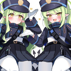 Rule 34 | 2girls, absurdres, belt, black belt, black hat, black jacket, black shorts, black skirt, blue archive, blush, borii, buttons, closed mouth, double-breasted, earrings, fang, gloves, green hair, hat, heart, hikari (blue archive), nozomi (blue archive), highres, jacket, jewelry, long hair, long sleeves, looking at viewer, multiple girls, open mouth, pantyhose, peaked cap, pleated skirt, pointy ears, shorts, sidelocks, simple background, skin fang, skirt, smile, twintails, white background, white gloves, white pantyhose, yellow eyes
