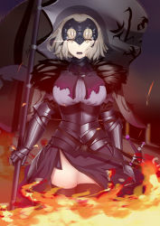 Rule 34 | 1girl, armor, armored dress, black hair, blonde hair, breasts, commentary request, fate/grand order, fate (series), fire, flag, headpiece, highres, jeanne d&#039;arc (fate), jeanne d&#039;arc alter (avenger) (fate), jeanne d&#039;arc alter (avenger) (first ascension) (fate), jeanne d&#039;arc alter (fate), large breasts, looking at viewer, ninoude (ninoude44), open mouth, short hair, solo, sword, weapon, yellow eyes