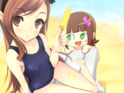 Rule 34 | 10s, bad id, bad pixiv id, barefoot, brown eyes, brown hair, food, hairband, idolmaster, idolmaster (classic), idolmaster 2, long hair, minase iori, nonowa, one-piece swimsuit, perspective, pipipi (projectlfw8), popsicle, school swimsuit, swimsuit