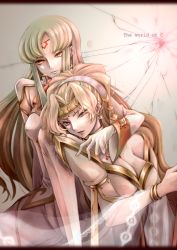 Rule 34 | 2girls, blonde hair, breasts, broken glass, c.c., cleavage, code geass, code geass: fukkatsu no lelouch, commentary request, english text, geass, glass, gloves, gold, green hair, highres, large breasts, lips, long hair, multiple girls, shamna, yamaaa0000, yellow eyes