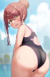 1girl, absurdres, ass, bangs, black swimsuit, blurry, blurry background, blush, brown hair, commentary request, day, film grain, hair between eyes, hair bun, highres, idolmaster, idolmaster shiny colors, long hair, looking at viewer, looking back, one-piece swimsuit, osaki tenka, outdoors, solo, swimsuit, wanimaru, wet, yellow eyes