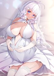 Rule 34 | 1girl, absurdres, ahoge, azur lane, blue eyes, blush, breasts, bridal veil, closed mouth, elbow gloves, gloves, highres, illustrious (azur lane), illustrious (morning star of love and hope) (azur lane), large breasts, long hair, looking at viewer, on bed, origami aya, pregnant, solo, thighhighs, tiara, veil, white hair, white thighhighs