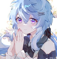 Rule 34 | 1girl, absurdres, alternate costume, black bow, black sailor collar, blue hair, blush, bow, bowtie, female focus, fingernails, flower, ganyu (genshin impact), genshin impact, hair between eyes, hair bow, hair ornament, hairclip, hairpin, happy, heart, heart-shaped pupils, highres, light smile, long hair, long sleeves, looking at viewer, low-tied long hair, low ponytail, luobotou cuncun zhang, nail polish, own hands clasped, pink eyes, pink nails, portrait, sailor collar, shirt, sidelocks, simple background, solo, symbol-shaped pupils, white background, white shirt