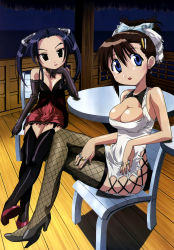 Rule 34 | 00s, 2girls, absurdres, alternate hairstyle, ayane (nagasarete airantou), black hair, black thighhighs, blue eyes, breasts, chair, cleavage, cleavage cutout, clothing cutout, collar, crossed legs, dress, earrings, elbow gloves, fishnet thighhighs, fishnets, flat chest, garter straps, gloves, hair ornament, hair ribbon, hair up, hairclip, head rest, high heels, highres, jewelry, lace, large breasts, lipstick, makeup, megami magazine, multiple girls, nagasarete airantou, night, night sky, ribbon, ring, scan, shoes, short dress, sitting, sky, smile, suzu (nagasarete airantou), table, thighhighs, twintails, zettai ryouiki