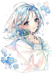 Rule 34 | 1girl, blue eyes, blue flower, blue hair, blue ribbon, blue sailor collar, blue theme, bouquet, closed mouth, cropped torso, crying, expressionless, eyelashes, floating hair, flower, forget-me-not (flower), hand up, highres, holding, holding bouquet, looking at viewer, marker (medium), neck ribbon, nidozuke, original, painting (medium), parted bangs, ribbon, sad, sailor collar, shirt, short hair, simple background, solo, streaming tears, tears, traditional media, upper body, watercolor (medium), white background, white shirt