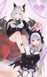 2girls alternate_costume annoyed bat_wings black_footwear black_necktie black_ribbon blush breasts bug butterfly butterfly_hair_ornament closed_mouth colored_eyelashes echidna_(re:zero) elf emilia_(re:zero) hair_between_eyes hair_ornament halloween_costume heart highres insect jack-o&#039;-lantern leaning_to_the_side long_hair long_sleeves looking_at_viewer medium_breasts multiple_girls necktie on_floor open_mouth orange_butterfly pointy_ears purple_eyes re:zero_kara_hajimeru_isekai_seikatsu ribbon shirt sitting skirt smile streamers white_hair white_shirt white_skirt wings x_hair_ornament zirael_1