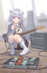 Rule 34 | 1girl, cable, closed mouth, collared shirt, double bun, effects pedal, electric guitar, grey hair, guitar, hair bun, hair ornament, hairclip, highres, indoors, instant ramen, instrument, kaito (k4itoh), light blush, long sleeves, looking at viewer, medium hair, miniskirt, necktie, original, pleated skirt, purple eyes, school uniform, shirt, shorts, shorts under skirt, skirt, smile, socks, solo, squatting, white footwear, white socks, wing collar