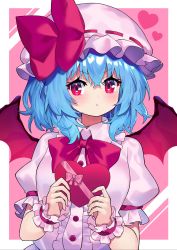 Rule 34 | 1girl, :o, bat wings, blue hair, blush, bow, bowtie, box, breasts, center frills, commentary request, dress, frills, hat, hat bow, heart-shaped box, highres, holding, holding box, looking at viewer, medium breasts, mob cap, pink dress, pink hat, red bow, red bowtie, red eyes, remilia scarlet, short hair, solo, touhou, v-shaped eyebrows, wings, wrist cuffs, yuujin (yuzinn333)