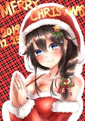 Rule 34 | 1girl, ayachanman, bell, blue eyes, blush, braid, brown hair, christmas, closed mouth, dated, dress, fur-trimmed dress, fur-trimmed headwear, fur trim, hair between eyes, hair flaps, hair ornament, hair over shoulder, hair ribbon, hat, highres, jingle bell, kantai collection, long hair, looking at viewer, merry christmas, red dress, ribbon, santa costume, santa dress, santa hat, shigure (kancolle), single braid, smile, solo