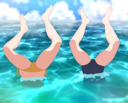Rule 34 | 2girls, barefoot, bikini, blue one-piece swimsuit, blue sky, cloud, day, highres, hiryuu (kancolle), horizon, in water, kantai collection, multiple girls, ocean, one-piece swimsuit, outdoors, partially submerged, side-tie bikini bottom, sky, souryuu (kancolle), swimsuit, upside-down, yellow bikini, yuuhi (yuyuhihi)