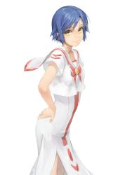 Rule 34 | 00s, 1girl, aika granzchesta, aria (manga), blouse, blue hair, bow, dress, earrings, from side, hair ornament, hairclip, hand on own hip, highres, jewelry, kuroko (piii), long dress, looking at viewer, no headwear, red bow, shirt, short hair, short sleeves, side slit, simple background, smile, solo, standing, uniform, very short hair, white background, white dress, white shirt, yellow eyes