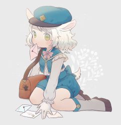 Rule 34 | 1girl, animal ears, ayu (mog), bag, bag charm, blouse, blue shorts, blue vest, bow, bowtie, charm (object), full body, gloves, goat ears, goat tail, green eyes, grey background, grey shirt, hooves, horizontal pupils, letter, long sleeves, looking at viewer, love letter, mouth hold, original, pink bow, pink bowtie, shirt, short hair, shorts, shoulder bag, signature, sitting, solo, vest, white gloves, white hair, yokozuwari