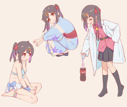 Rule 34 | 1girl, anklet, barefoot, bead anklet, belt, bikini, black hair, black skirt, black socks, blue bikini, blue scrunchie, bolo tie, breasts, chinese commentary, coat, coca-cola, commentary, floral print, full body, hair ornament, hair ribbon, hairclip, heart, heart necklace, highres, japanese clothes, jewelry, kimono, kneehighs, lab coat, light blush, long sleeves, looking at viewer, medium breasts, medium hair, multicolored hair, multiple views, necklace, no shoes, onii-chan wa oshimai!, open clothes, open coat, oyama mihari, plastic bottle, pouring, purple hair, red ribbon, red shirt, ribbon, sandals, scrunchie, shirt, simple background, sitting, skirt, smile, socks, squatting, swimsuit, twintails, two-tone hair, untucked shirt, wrist scrunchie, yellow eyes, ziyan yi, zouri