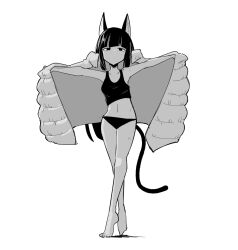 Rule 34 | 1girl, animal ears, bare shoulders, barefoot, black hair, black panties, black tank top, blunt bangs, cat ears, cat girl, cat tail, collarbone, crop top, crossed legs, down jacket, female pervert, full body, greyscale, highres, jacket, long hair, looking at viewer, midriff, monochrome, navel, open clothes, open jacket, original, outstretched arms, panties, pervert, sakifox, solo, spread arms, standing, tail, tank top, underwear, white background, white jacket