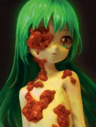 Rule 34 | 1girl, black background, body horror, closed mouth, commentary, english commentary, flat chest, flesh, green hair, highres, long hair, looking at viewer, mutation, nude, original, solo, ufoshock, upper body